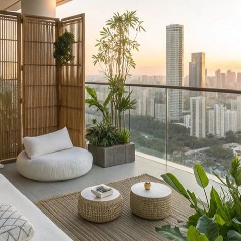 Modern balcony design with natural plants and cozy seating by the best architecture firm in Malappuram.