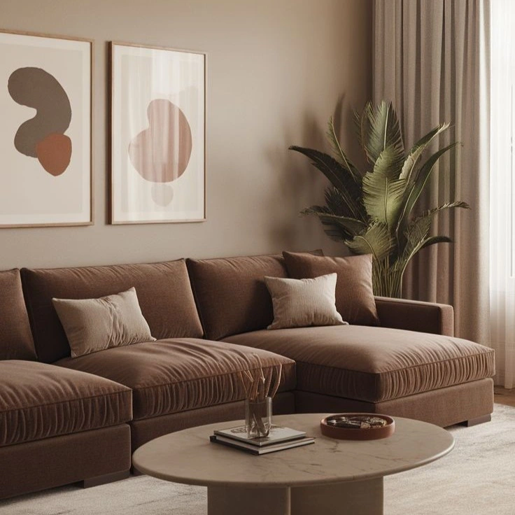 Comfortable living room interior with sectional sofa by the best architecture firm in Malappuram.