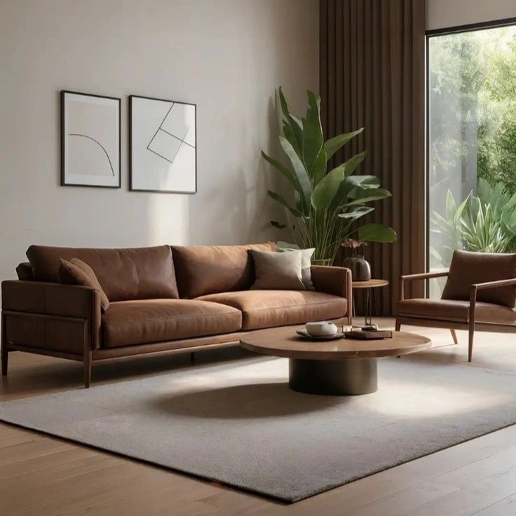 Stylish living room with a brown leather sofa designed by the best architecture firm in Malappuram.